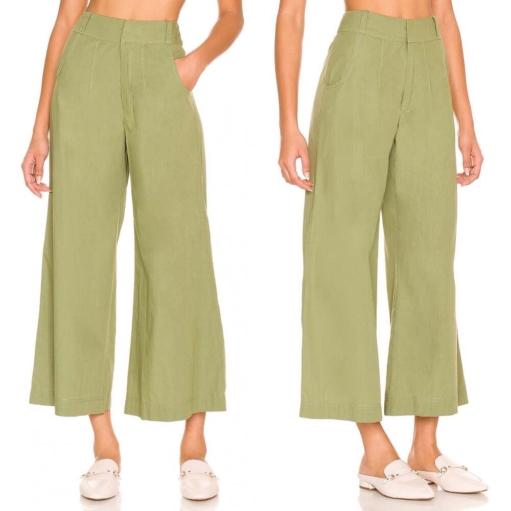 Free People Menorca Cropped Solid Pant green 100% cotton, slant pockets, size 2.